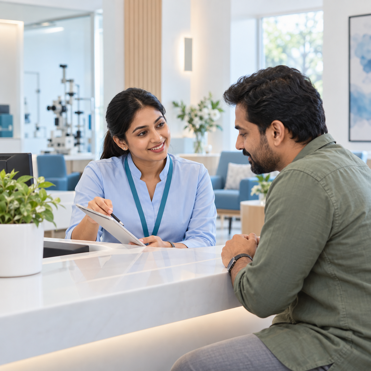 Patient receiving appointment guidance from an Aarav Eye Care coordinator