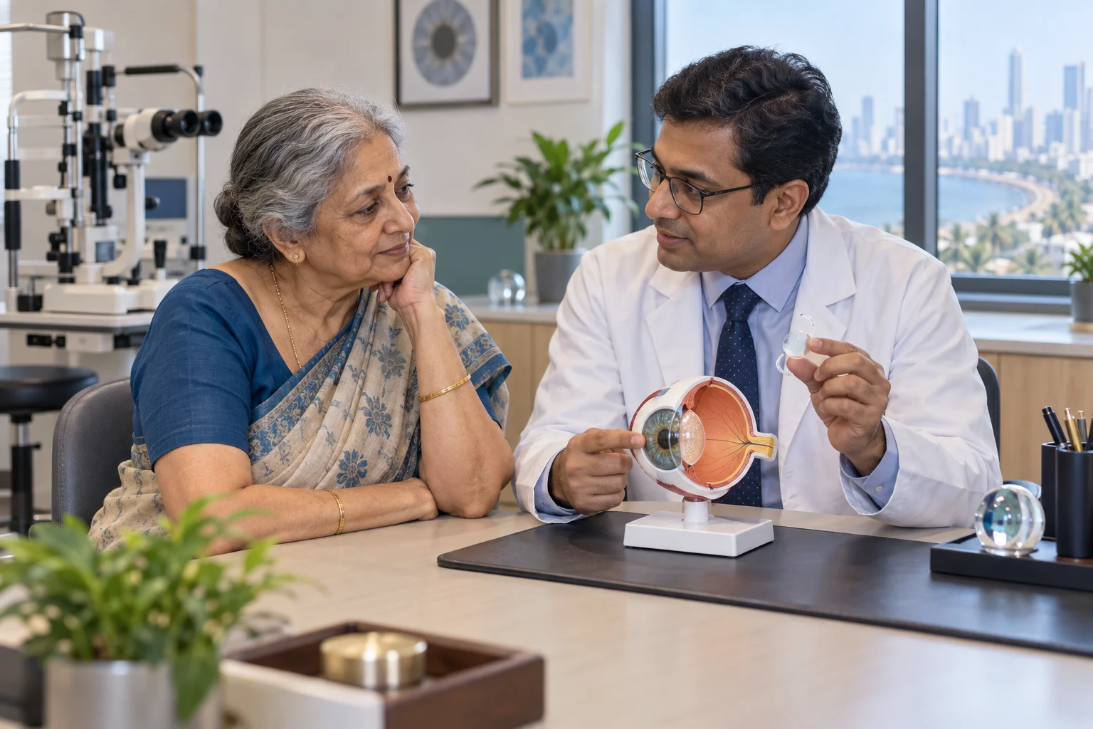 Ophthalmologist explaining an intraocular lens and eye model to a cataract patient