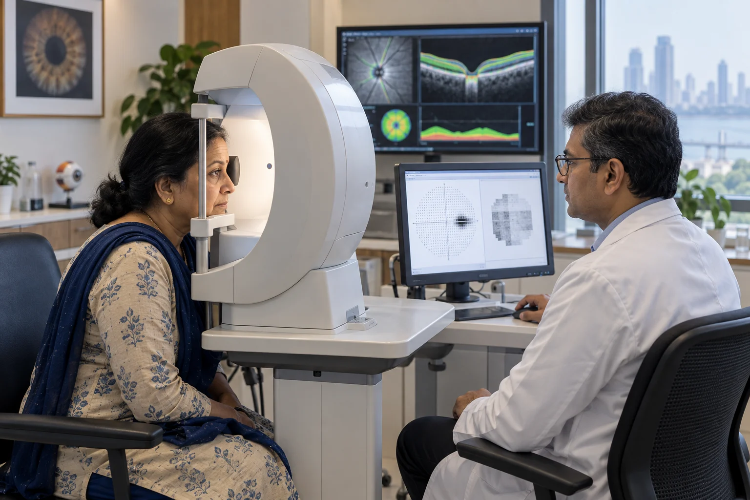 Patient completing glaucoma visual-field and optic-nerve monitoring