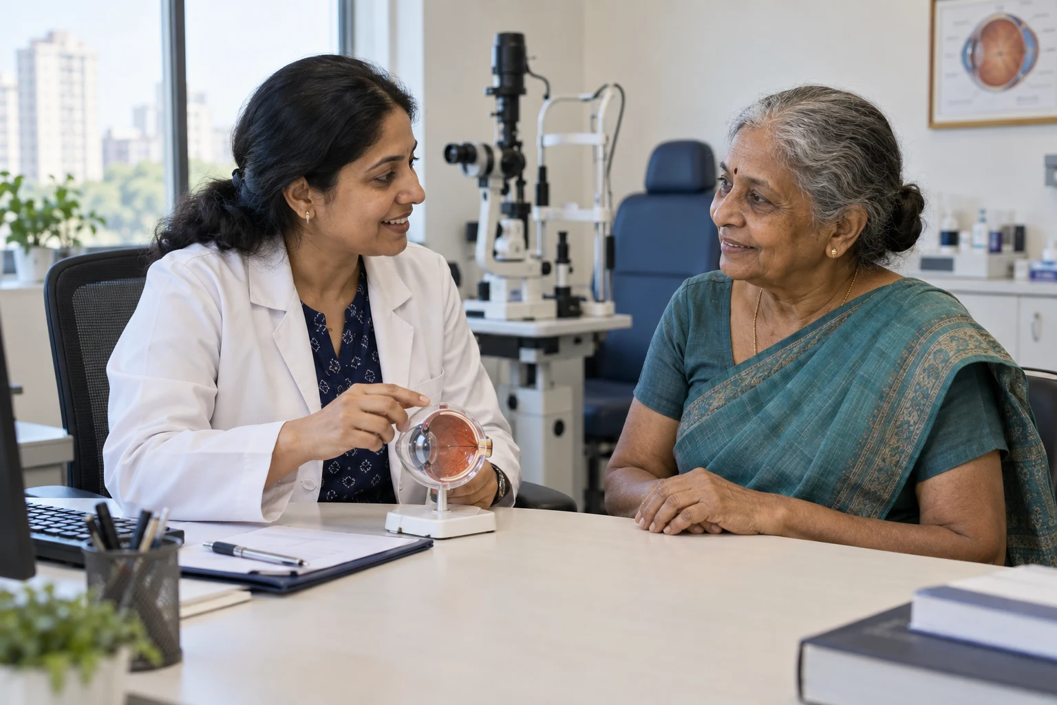 Ophthalmologist discussing cataract care with an older patient using an eye model
