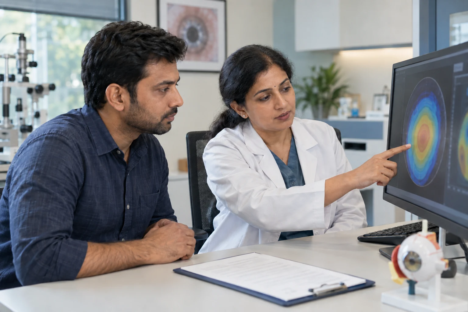 Ophthalmologist explaining eye scan results and the next care step to a patient