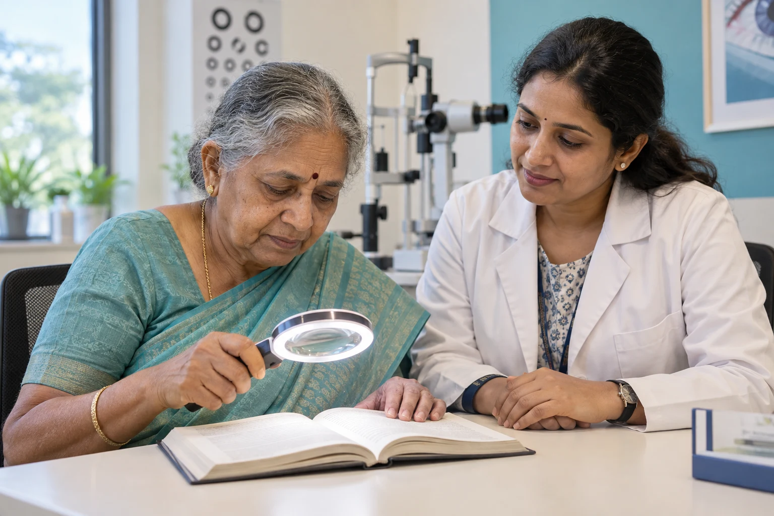 Low-vision patient trialling an illuminated magnifier with an ophthalmologist