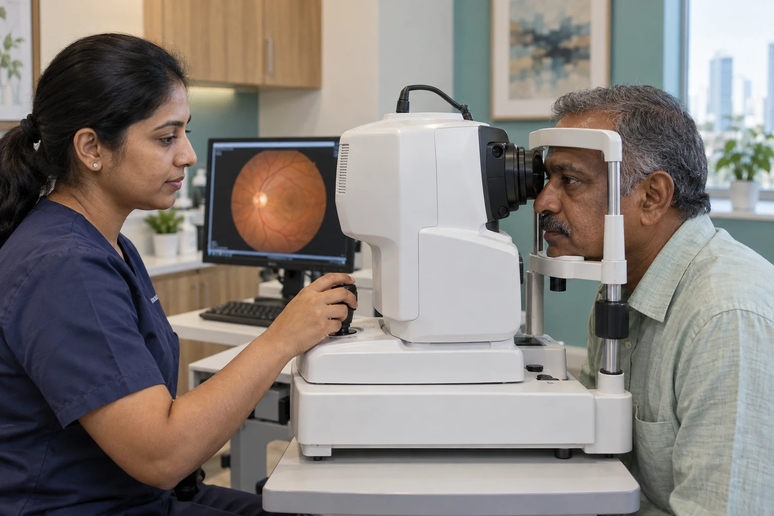 Clinician performing retinal imaging while a fundus photograph is displayed