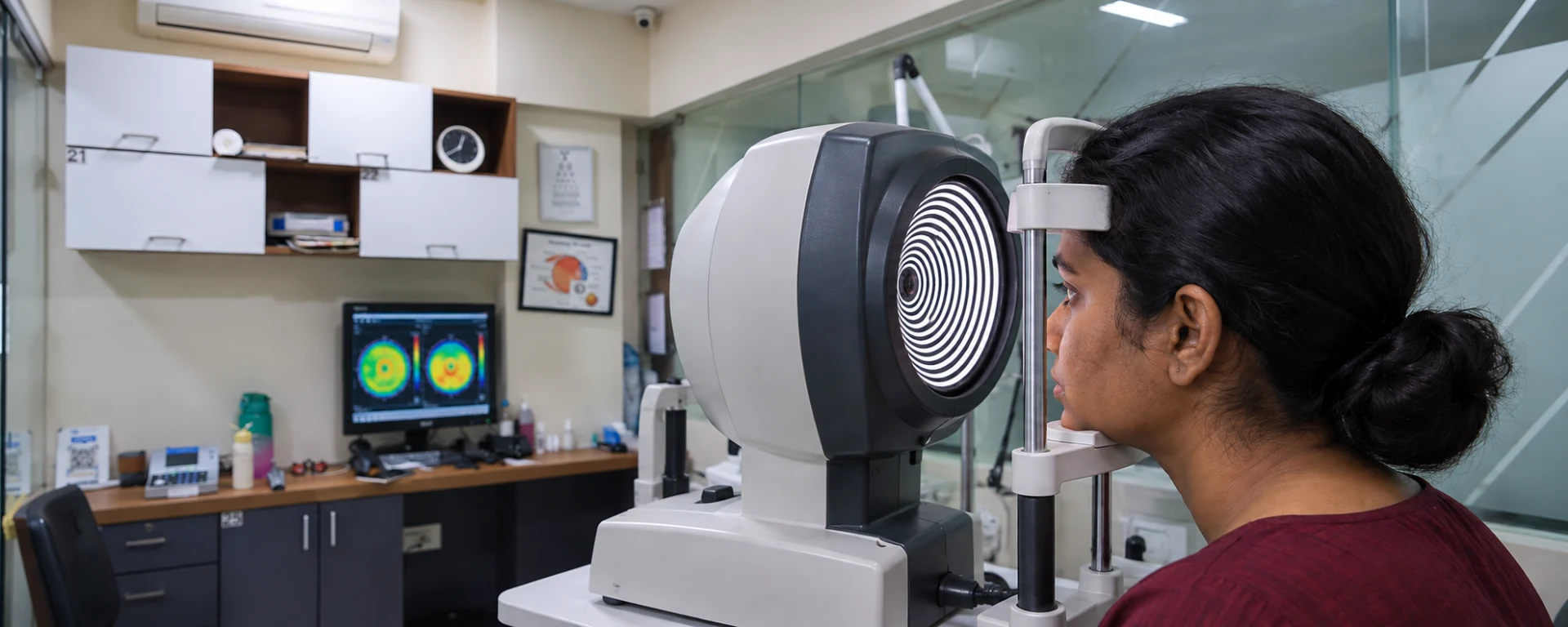 Patient undergoing corneal topography for refractive-surgery assessment